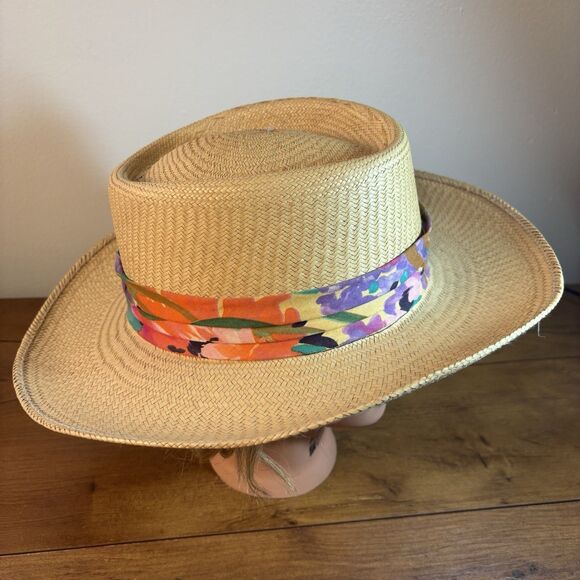 Vintage Straw Fedora Panama Hat Floral Scarf Band Wide Brim Summer Beach main image 5